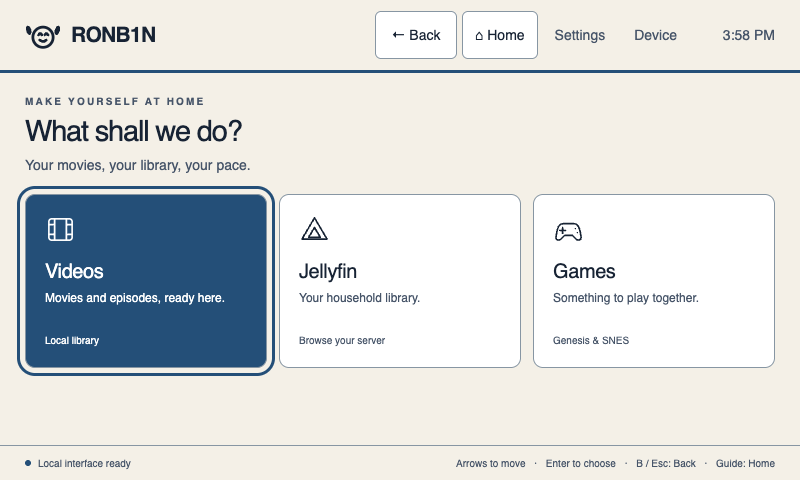 RONB1N’s contrasting Daylight theme, with a light background, navy text and large Videos, Jellyfin and Games cards.