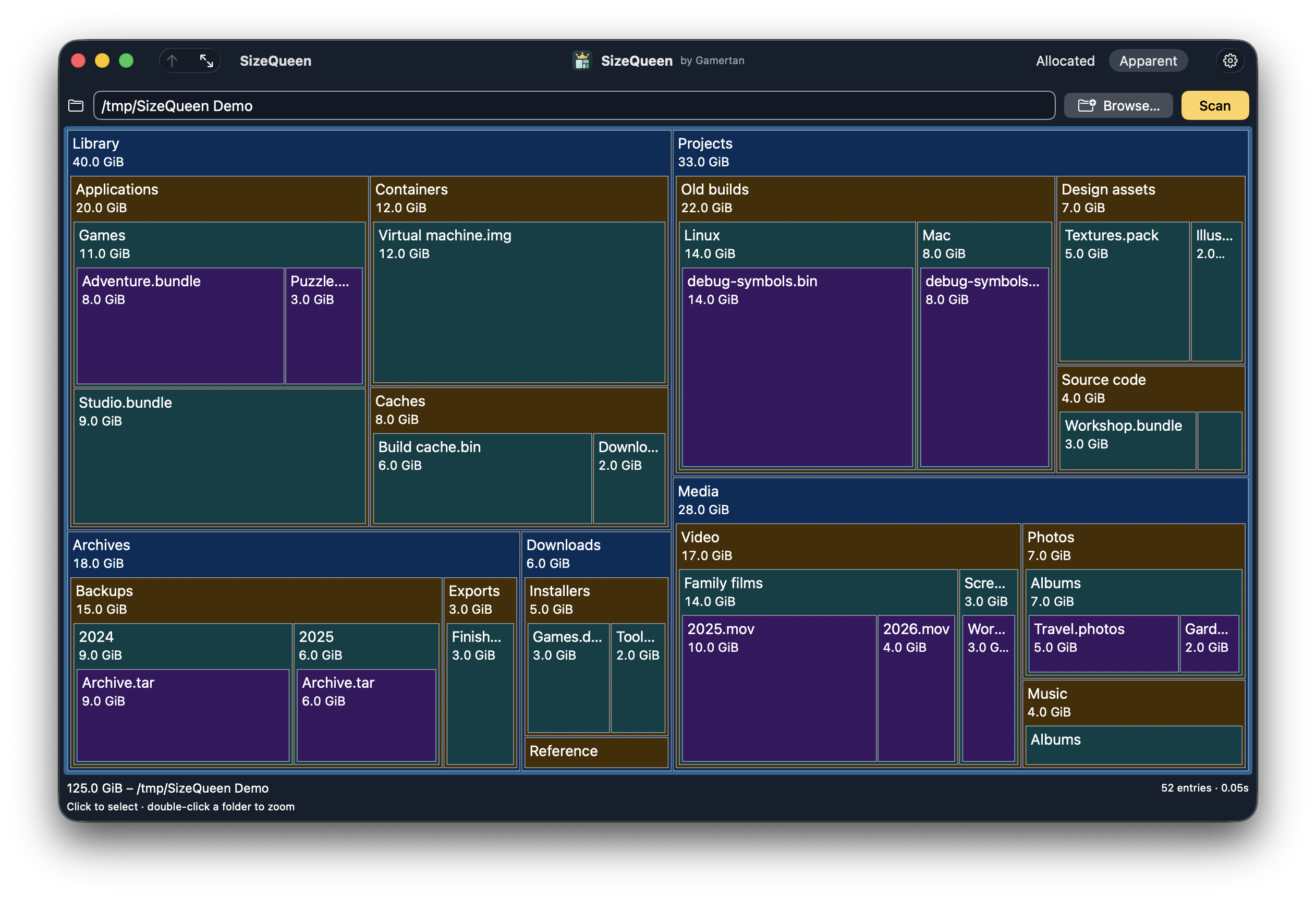 The full SizeQueen Mac window, with native toolbar, folder field and blue, gold, teal and purple rectangles for Library, Projects, Archives, Media and Downloads.