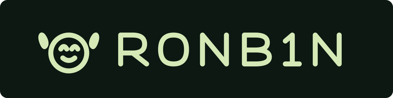 RONB1N’s round, smiling robot with open arms beside its wordmark.